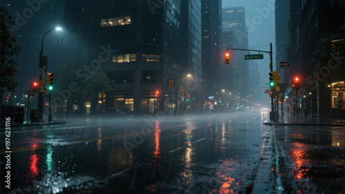 A rainy city street at night with tall buildings and traffic lights reflecting off the wet pavement