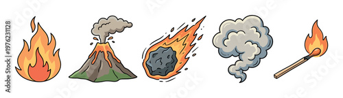 Various elements of fire, smoke, and natural phenomena are depicted in a vibrant, hand-drawn cartoon style, perfect for educational or design projects.