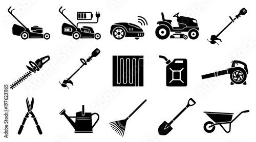 Vector graphic illustration of various gardening and lawn care tools