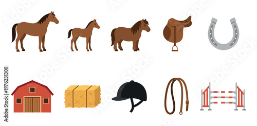 Horses, foals, ponies, and various equestrian equipment are depicted in a charming collection of flat design illustrations for equine-related themes.