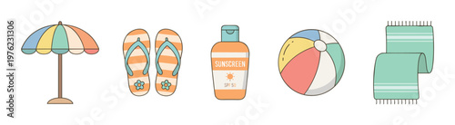 Beach summer vacation items including a colorful umbrella, striped flip-flops, sunscreen, a vibrant beach ball, and a soft towel, representing sunny holiday essentials.