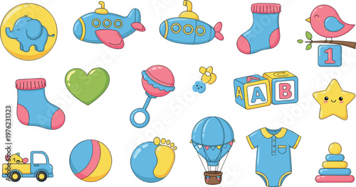 Baby Toys and Kids Icons Set with Rattle, Blocks, Airplane, Socks, Balloons, and Cute Nursery Elements for Children and Infant Concepts