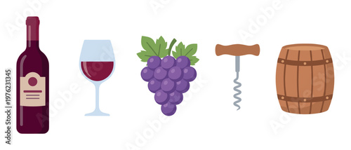 Wine production elements and tasting accessories are displayed in a flat design illustration, representing the journey from grape to glass.