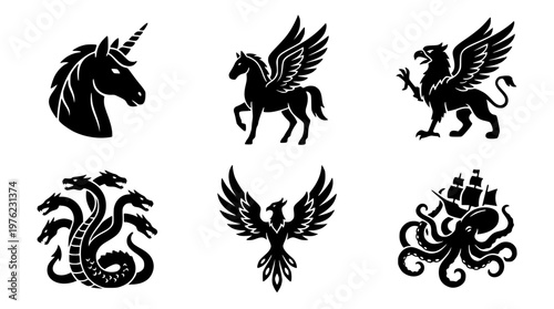 Mythical creatures in a vector graphic illustration set