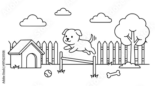 Dog jumping over fence in a playful backyard scene