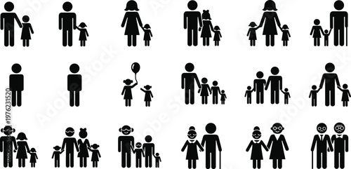 Family pictogram icons collection black silhouette vector set showing parents children elderly couples and various household compositions isolated on white