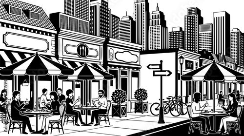 People dining at outdoor cafe in city setting illustration