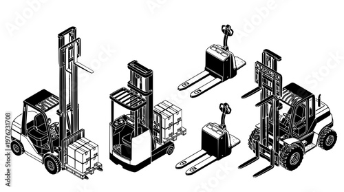 Various types of forklifts and pallet jacks illustrated