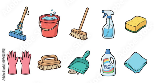 Various household cleaning supplies are neatly arranged together, showcasing essential tools for maintaining a tidy and hygienic home environment.