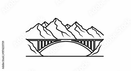 Minimalist line art of a mountain range over a large arch bridge