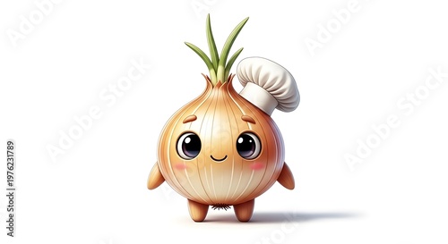 A charming, anthropomorphic onion with big, expressive eyes, a small chef hat, and tiny arms and legs, smiling sweetly