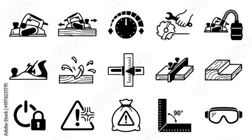 Vector graphic illustration of woodworking tools and safety icons