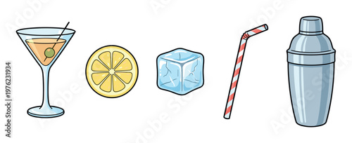 Cocktail elements and bar tools illustration set featuring a martini glass, lemon slice, ice cube, straw, and shaker for drink preparation.