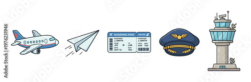 Air travel elements collection featuring various aviation related items including a passenger airplane, paper plane, boarding pass, pilot hat, and control tower.