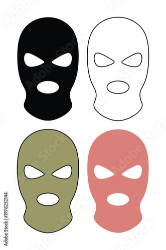 Balaclava ski mask vector icons set, criminal face mask illustrations in black and olive green, tactical headwear for winter sports and security