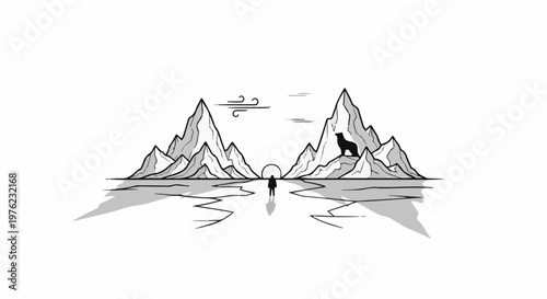 Lone figure faces icy peaks, a wolf surveys from the right