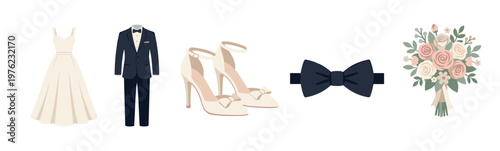 Elegant wedding attire and accessories, featuring a bridal gown, groom's tuxedo, high heels, a bow tie, and a beautiful floral bouquet, perfect for a special day.