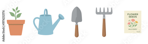 Gardening tools and supplies, including a potted plant, watering can, trowel, rake, and flower seeds, are neatly arranged for spring planting.