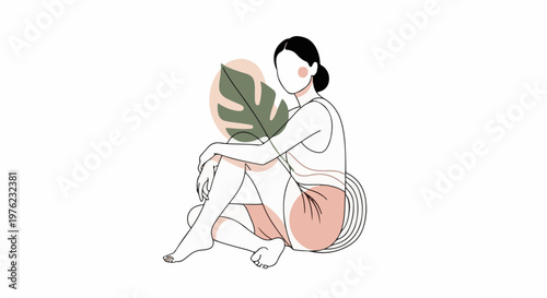 Minimalist outline drawing of a person sitting with a leaf and abstract shapes
