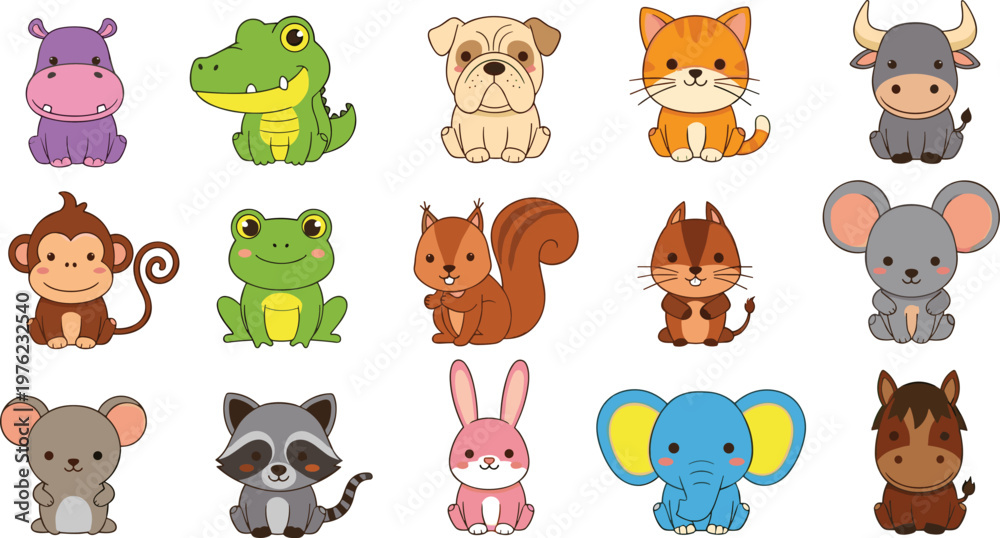 Fototapeta premium Cute Animal Cartoon Icon Set Vector Illustration with Various Baby Animals Characters Collection Isolated on Background for Kids Design