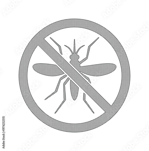 Anti mosquito sign with insect silhouette, grey prohibition symbol for pest control, mosquito repellent warning icon vector
