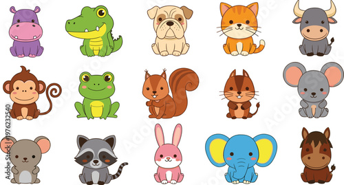 Cute Animal Cartoon Icon Set Vector Illustration with Various Baby Animals Characters Collection Isolated on Background for Kids Design