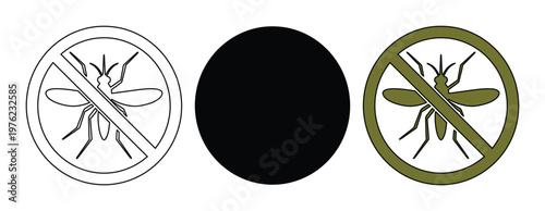 Anti mosquito warning icons set, pest control stop sign vector, mosquito repellent and insect protection symbols for health and safety