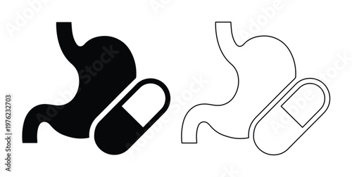 Stomach and pill icons for digestive health, medical stomach anatomy with medicine capsule vector, gastric treatment and pharmacy symbols