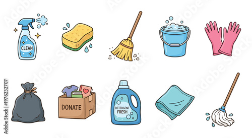Various household cleaning supplies and donation items are neatly arranged in a colorful cartoon style, representing chores, charity, and home maintenance.