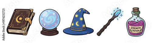 Magical fantasy items including a spellbook, crystal ball, wizard hat, wand, and potion bottle are depicted in a charming cartoon illustration.
