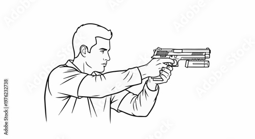 Male aiming a handgun with a detached magazine