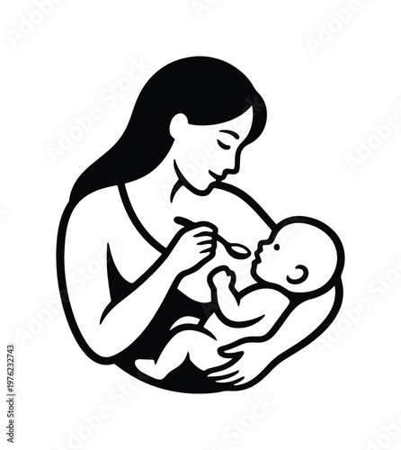Minimalist mother feeding baby vector icon, black and white silhouette of woman with infant, maternal care and nutrition symbol for parenting blogs