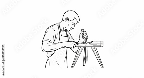 Man carving wood with chisel on workbench