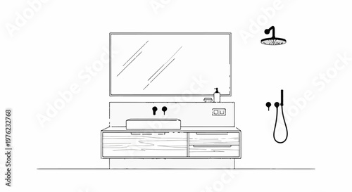 Modern bathroom vanity with sink, mirror, showerhead, and handheld shower