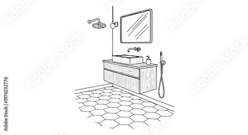 Modern bathroom vanity with sink, faucet, showerhead, and hexagonal tiled floor