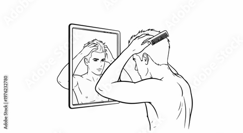 Man combing his hair while looking in a mirror