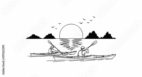 Kayakers paddle on water with sun and mountains in background