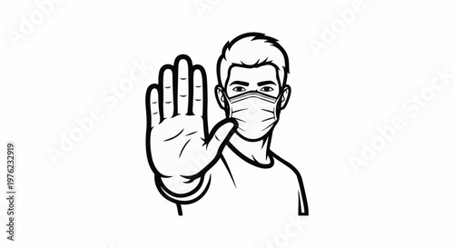 Man in face mask gesturing stop sign with open hand