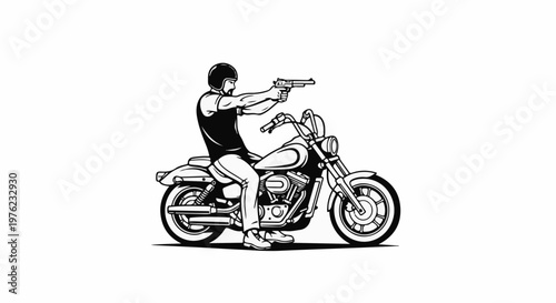 Man in helmet riding motorcycle with gun drawn