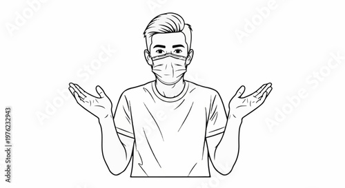 Man in mask with open hands in questioning gesture