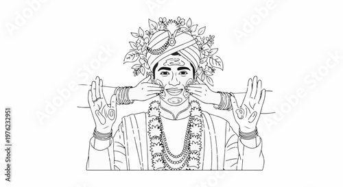 Man in ornate turban and attire, adorned with flowers, receives a facial touch