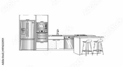 Modern kitchen line drawing featuring appliances, cabinetry, and island
