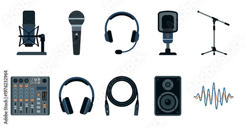 Audio recording studio equipment collection featuring various microphones, headphones, a mixing console, speaker, and sound wave for professional production.