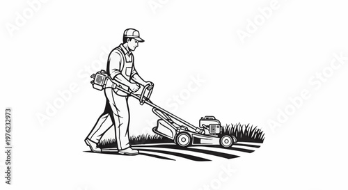 Man in overalls and cap pushing a lawn mower on a field with grass