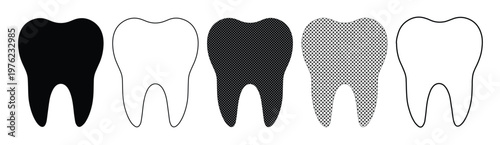 Minimalist tooth icon set in black and white, dental health symbols for oral hygiene, collection of 5 molar teeth vector illustrations for dentistry
