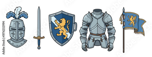 Medieval knight's armor, helmet, sword, shield, and banner are displayed together as a comprehensive collection of historical warfare equipment.