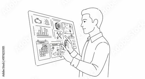 Man interacts with a digital dashboard displaying vehicle status and calendar