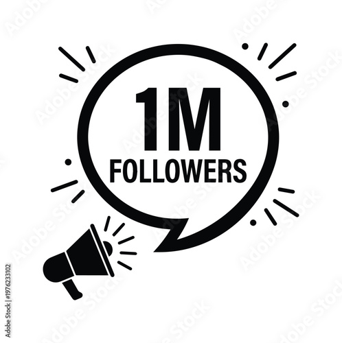 Social media 1M followers milestone celebration vector, black megaphone with one million followers speech bubble, digital marketing achievement icon