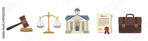 Legal icons representing justice, law, and the court system are neatly arranged in a row, symbolizing legal processes and professional services.