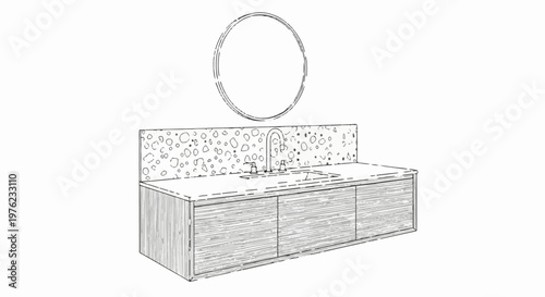 Modern vanity with sink, pebble-pattern backsplash, and circular mirror